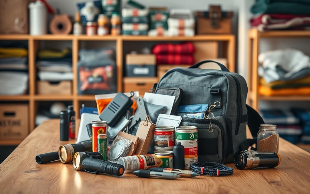 A meticulously organized emergency supply kit resting on a sturdy wooden table, illuminated by warm, natural lighting. In the foreground, a variety of practical essentials - flashlights, batteries, first-aid kit, and canned goods - are neatly arranged. In the middle ground, a portable radio, multi-tool, and emergency blankets stand ready. The background reveals shelves stocked with additional supplies, conveying a sense of preparedness and self-reliance. The overall composition is clean, well-balanced, and conveys a mood of reassurance and practicality, ready to face the unexpected.