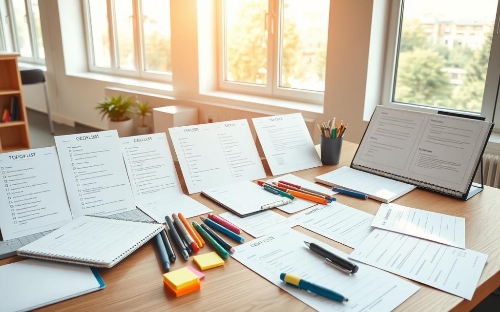 A meticulously organized workspace, with an array of checklists and to-do lists neatly arranged on a wooden desk. Sunlight streams in through large windows, casting a warm and productive glow. Sleek, minimalist design elements complement the orderly scene. On the desk, a variety of writing implements, highlighters, and sticky notes are strategically placed, ready to facilitate the user's organizational process. The image conveys a sense of focus, efficiency, and the satisfaction that comes from taking control of one's tasks and responsibilities. A meticulously organized workspace, with an array of checklists and to-do lists neatly arranged on a wooden desk. Sunlight streams in through large windows, casting a warm and productive glow. Sleek, minimalist design elements complement the orderly scene. On the desk, a variety of writing implements, highlighters, and sticky notes are strategically placed, ready to facilitate the user's organizational process. The image conveys a sense of focus, efficiency, and the satisfaction that comes from taking control of one's tasks and responsibilities.