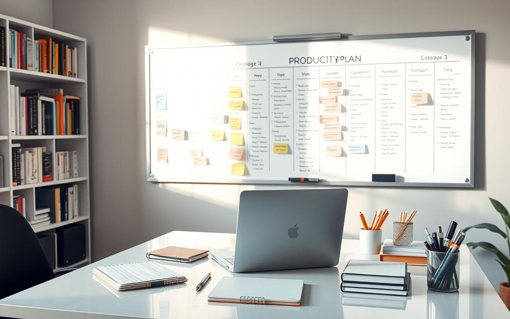 A meticulously organized workspace, with an elegant desk adorned with a sleek laptop, a minimalist planner, and a neatly arranged array of stationery. Behind it, a large whiteboard displays a well-structured productivity plan, filled with color-coded notes and checklists. Soft, natural lighting floods the room, creating a serene and focused atmosphere. In the background, a bookshelf showcases a collection of time management and productivity-enhancing books, hinting at the owner's dedication to mastering the art of effective time management.