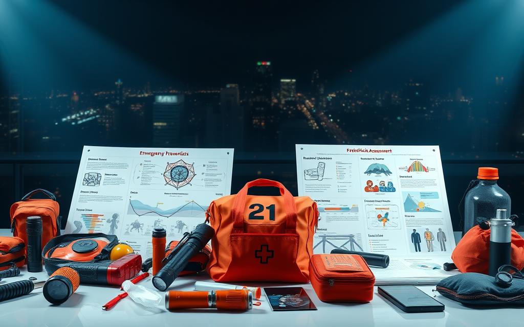 A meticulously researched emergency risk assessment, captured in a high-resolution photographic style. The foreground displays a comprehensive collection of emergency preparedness equipment, including flashlights, first-aid kits, and survival gear, all neatly arranged on a clean, minimalist surface. The middle ground features detailed diagrams and infographics outlining potential disaster scenarios and response protocols, rendered in a clear, informative manner. The background showcases a dimly lit, ominous cityscape, hinting at the gravity of the situation and the importance of being prepared. Dramatic lighting and a cinematic angle create a sense of urgency and professionalism, underscoring the critical nature of this assessment.