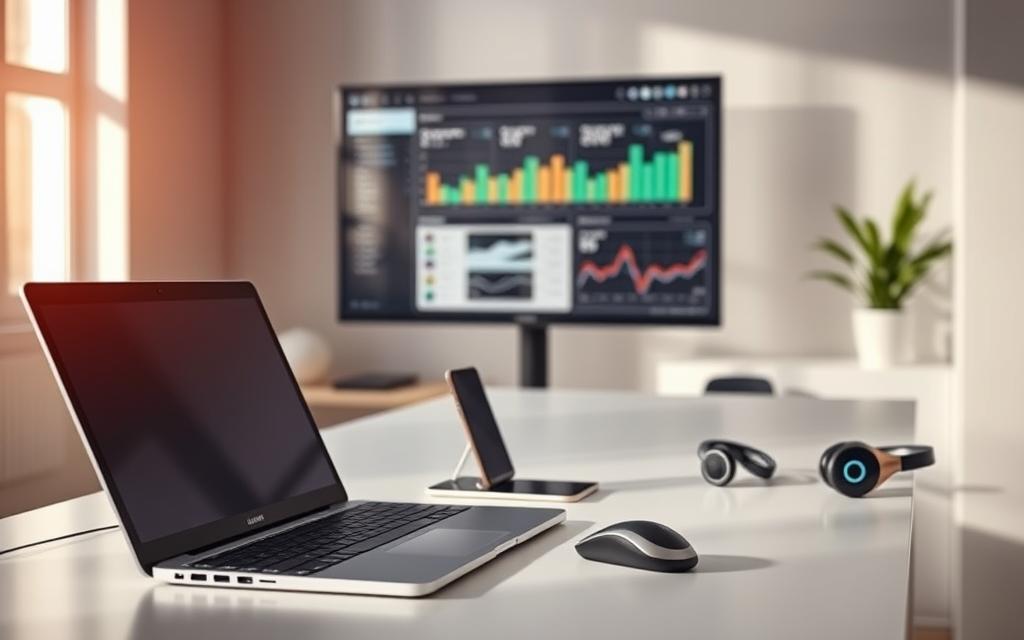 A minimalist, yet highly functional workspace, bathed in warm, natural lighting. The foreground features a sleek, modern laptop, accompanied by a precision mouse and a stylish pen resting on a clean, minimalist desk. In the middle ground, a smartphone, a tablet, and a pair of wireless headphones stand as symbols of seamlessly integrated technology. The background showcases a large, high-resolution monitor, displaying a crisp, data-driven dashboard, along with a small potted plant, adding a touch of organic elegance to the scene. The overall composition captures the essence of a productive, technology-driven work environment, where efficiency and aesthetics coexist harmoniously.