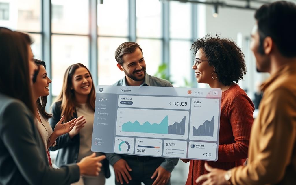 A modern and collaborative team communication framework, depicted in a realistic, photographic style. In the foreground, a group of diverse professionals engaged in a lively discussion, their gestures and expressions conveying a sense of open dialogue. The middle ground showcases a sleek, minimalist dashboard interface, displaying real-time project updates and metrics. In the background, a softly blurred office environment, with large windows allowing natural light to filter in, creating a warm and productive atmosphere. The lighting is subtle and directional, highlighting the team's interactions and the technology they utilize. The camera angle is slightly elevated, providing a holistic view of the collaborative workspace.