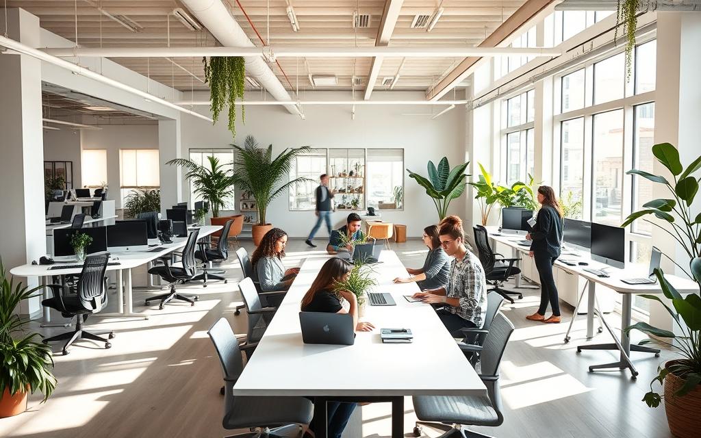 A modern, bright, and airy office interior with open workspaces, comfortable lounge areas, and adjustable standing desks. Employees in casual attire collaborate at a long communal table, while others work independently from ergonomic chairs. Ample natural light streams through large windows, casting a warm glow on the minimalist, neutral-toned decor. Plants and greenery dot the space, creating a lush, rejuvenating atmosphere. The overall scene conveys a sense of flexibility, productivity, and work-life balance.