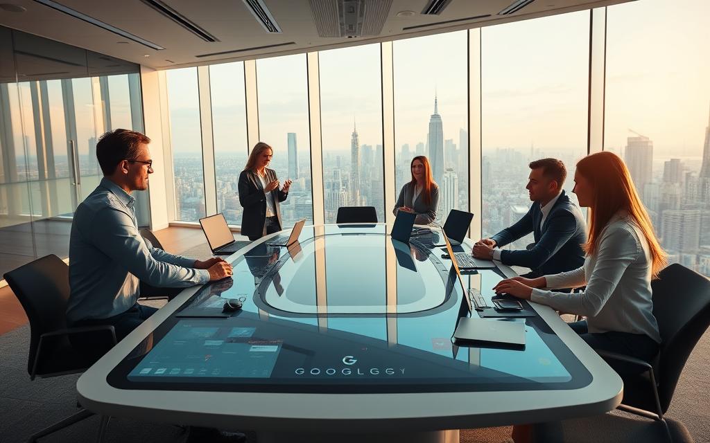 A modern, brightly lit office setting with a central workspace featuring collaborative tools from the Google Workspace suite. In the foreground, a sleek, futuristic conference table with integrated digital displays and touchpads. Employees, dressed in professional attire, engage in lively discussions, sharing ideas and documents on the screens. In the middle ground, mobile devices, laptops, and wireless peripherals are neatly arranged, showcasing the seamless integration of the Google Workspace ecosystem. The background features floor-to-ceiling windows, offering a panoramic view of a bustling city skyline, evoking a sense of productivity and innovation. Warm, neutral tones combined with clean, minimalist design elements create an atmosphere of efficiency and collaboration.