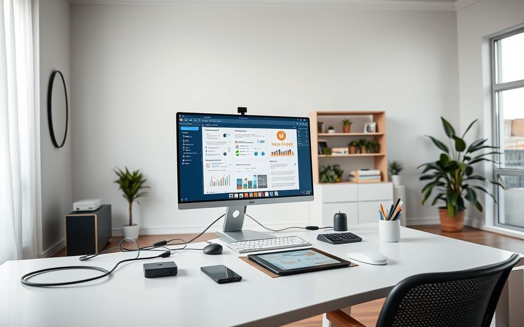 A modern, minimalistic home office with a clean, digital-focused aesthetic. The foreground features a sleek, high-resolution display showcasing a suite of productivity apps and digital documents. Surrounding the display are neatly organized cables and peripherals, conveying a sense of efficiency and organization. The middle ground includes a minimalist desk with a neat array of wireless devices, a tablet, and a smartpen for seamless digital note-taking. The background showcases a soothing, minimalist decor with natural lighting filtering through large windows, creating a calm and focused atmosphere conducive to productive work. A modern, minimalistic home office with a clean, digital-focused aesthetic. The foreground features a sleek, high-resolution display showcasing a suite of productivity apps and digital documents. Surrounding the display are neatly organized cables and peripherals, conveying a sense of efficiency and organization. The middle ground includes a minimalist desk with a neat array of wireless devices, a tablet, and a smartpen for seamless digital note-taking. The background showcases a soothing, minimalist decor with natural lighting filtering through large windows, creating a calm and focused atmosphere conducive to productive work.