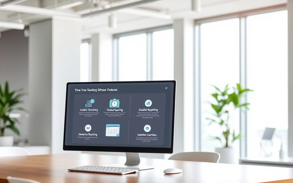A modern, sleek office interior with a desk showcasing a computer monitor displaying various time tracking software features. In the foreground, a stylized infographic depicts intuitive time entry, detailed reporting, and seamless team collaboration. The middle ground features a minimalist user interface with a clean, minimalist design and intuitive icons. In the background, a large window provides ample natural lighting, creating a bright and productive atmosphere. The overall scene conveys the efficiency, organization, and ease of use associated with effective time tracking software for small businesses. A modern, sleek office interior with a desk showcasing a computer monitor displaying various time tracking software features. In the foreground, a stylized infographic depicts intuitive time entry, detailed reporting, and seamless team collaboration. The middle ground features a minimalist user interface with a clean, minimalist design and intuitive icons. In the background, a large window provides ample natural lighting, creating a bright and productive atmosphere. The overall scene conveys the efficiency, organization, and ease of use associated with effective time tracking software for small businesses.