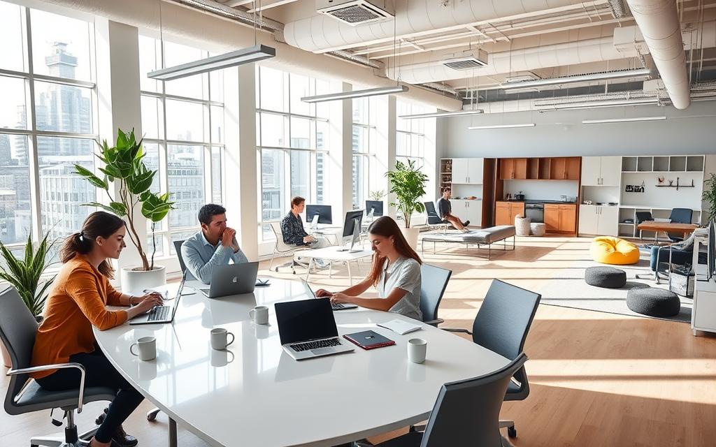 A modern, well-lit open-plan office space with an abundance of natural light flooding through large windows. In the foreground, a group of professionals collaborating at a sleek, minimalist conference table, laptops and coffee mugs on the surface. In the middle ground, employees engaged in focused individual work at their ergonomic, height-adjustable desks, surrounded by potted plants and modern decor. The background features a relaxation area with a comfortable couch, bean bags, and a small kitchenette, suggesting a balance between productivity and employee well-being. The overall atmosphere is one of calm, efficiency, and a harmonious blend of work and leisure.