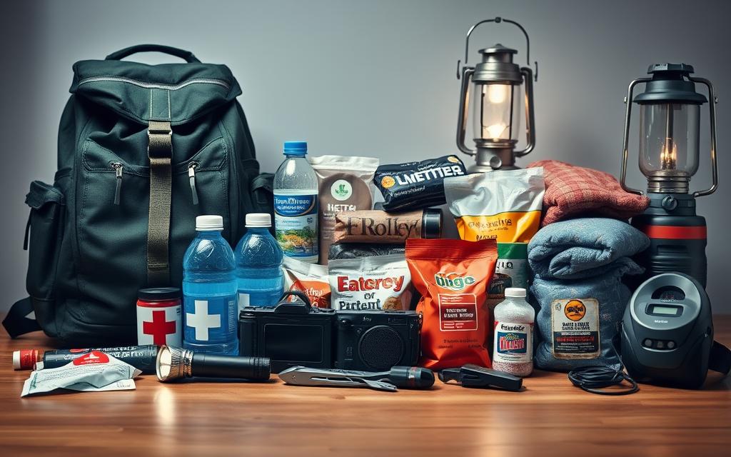 A neatly arranged collection of essential emergency supplies, meticulously organized on a wooden table. In the foreground, a sturdy backpack, a first aid kit, a flashlight, and a portable radio stand ready. The middle ground features bottled water, non-perishable food, and a multi-tool. In the background, a battery-powered lantern, a thermal blanket, and a hand-crank charger for electronic devices create a sense of preparedness. The lighting is soft and even, with a natural, ambient glow, capturing the image in a serene, documentary-style aesthetic. The overall composition conveys a sense of diligence and readiness, perfectly suited to illustrate the importance of emergency preparedness.