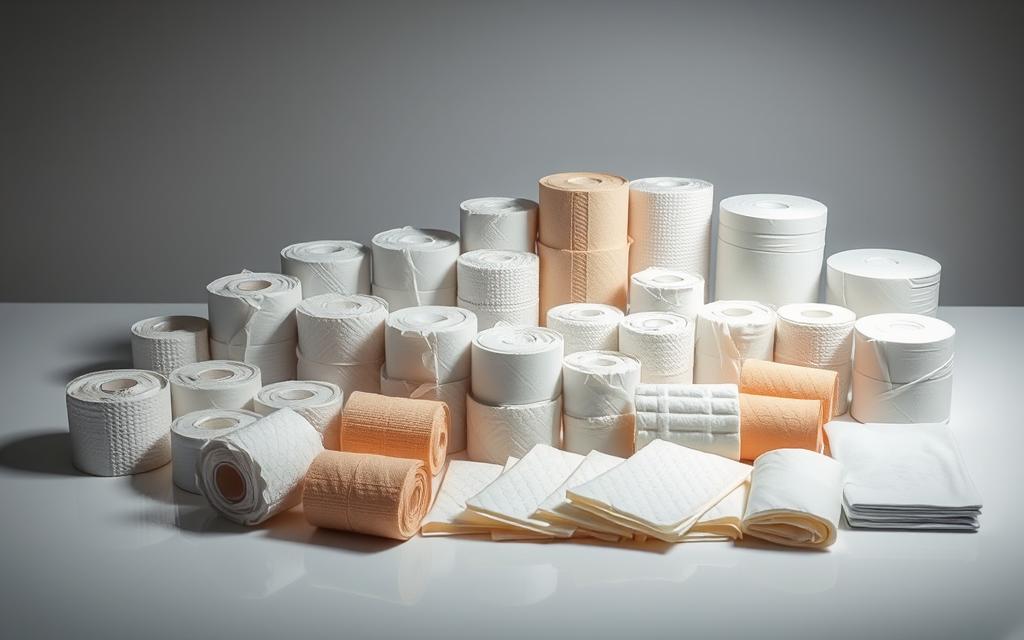 A neatly arranged display of various bandage rolls and gauze pads on a clean, well-lit surface. The items are presented in a visually appealing manner, with a focus on showcasing their diverse sizes, textures, and materials. The lighting accentuates the subtle sheen of the medical supplies, creating a professional, clinical atmosphere. The image is captured from a slightly elevated angle, providing a comprehensive view of the products and their distinct characteristics. The background is muted, allowing the bandages and gauze to take center stage as the primary subject.