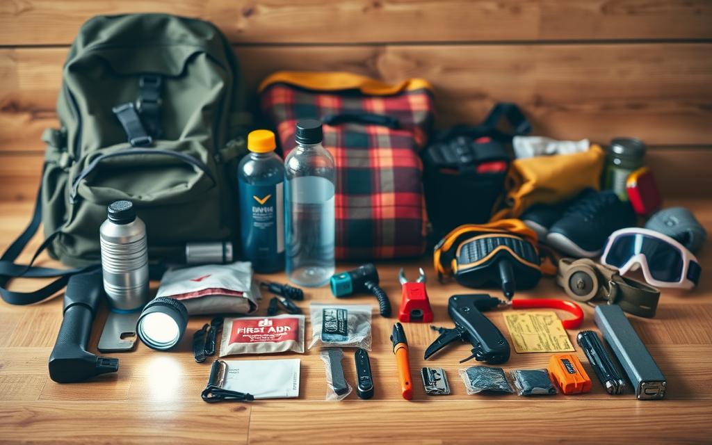 A neatly organized array of essential survival gear laid out on a wooden tabletop. In the foreground, a sturdy backpack, flashlight, first-aid kit, and emergency blanket. In the middle ground, a water bottle, multi-tool, and fire-starting kit. In the background, a portable radio, emergency whistle, and protective goggles. Warm, natural lighting casts a reassuring glow, conveying a sense of preparedness and self-reliance. The overall composition is visually balanced and inviting, drawing the viewer's attention to the carefully curated collection of emergency essentials. A neatly organized array of essential survival gear laid out on a wooden tabletop. In the foreground, a sturdy backpack, flashlight, first-aid kit, and emergency blanket. In the middle ground, a water bottle, multi-tool, and fire-starting kit. In the background, a portable radio, emergency whistle, and protective goggles. Warm, natural lighting casts a reassuring glow, conveying a sense of preparedness and self-reliance. The overall composition is visually balanced and inviting, drawing the viewer's attention to the carefully curated collection of emergency essentials.