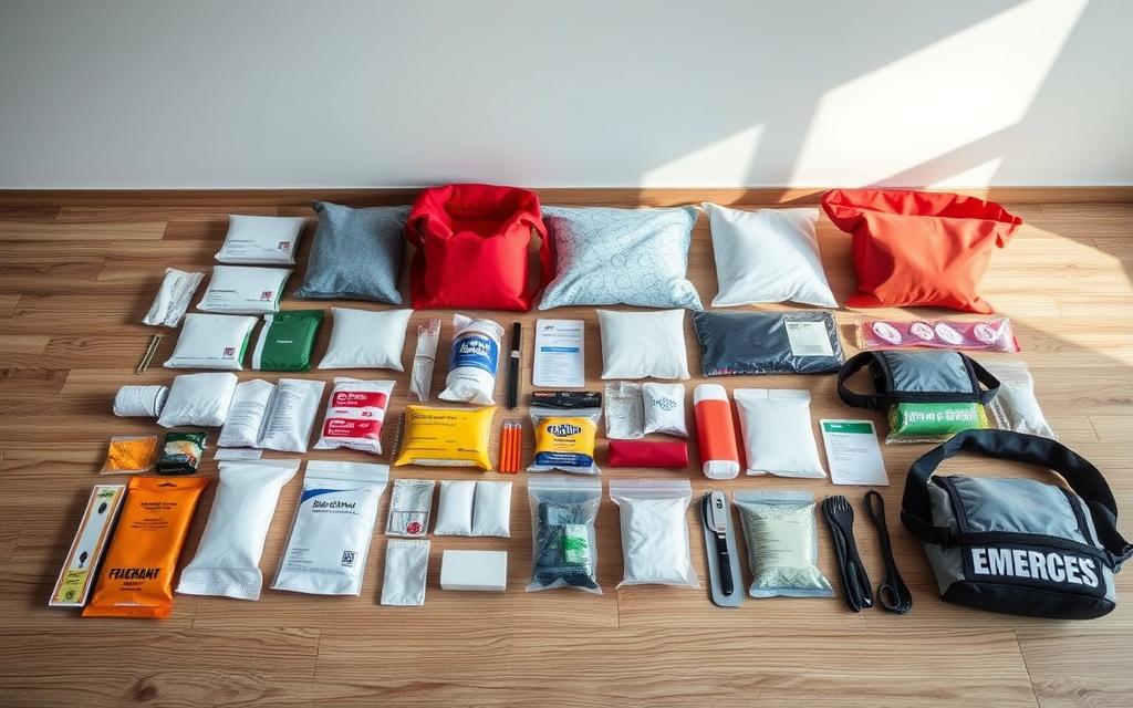 A neatly organized checklist of essential supplies for emergency preparedness, laid out on a wooden surface with a clean, minimalist background. The items are presented in a grid-like arrangement, each clearly visible and easily identifiable. The lighting is soft and natural, creating a calming, reassuring atmosphere. The camera angle is slightly elevated, providing a comprehensive view of the complete kit. The overall composition conveys a sense of preparedness, organization, and attention to detail, reflecting the importance of being ready for unexpected situations.