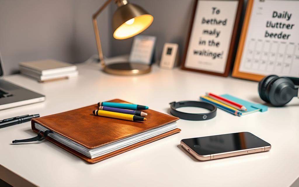 A neatly organized desk showcases an array of essential daily planning tools. In the foreground, a leather-bound planner, a set of colorful gel pens, and a sleek smartphone rest atop a crisp white surface. The middle ground features a desk lamp casting a warm, focused light and a pair of noise-cancelling headphones, hinting at a productive, distraction-free workspace. In the background, a minimalist wall calendar and a framed motivational quote create a sense of intentionality and focus. The entire scene is captured with a high-resolution, DSLR camera, conveying a polished, professional aesthetic suitable for an article on time management and productivity.