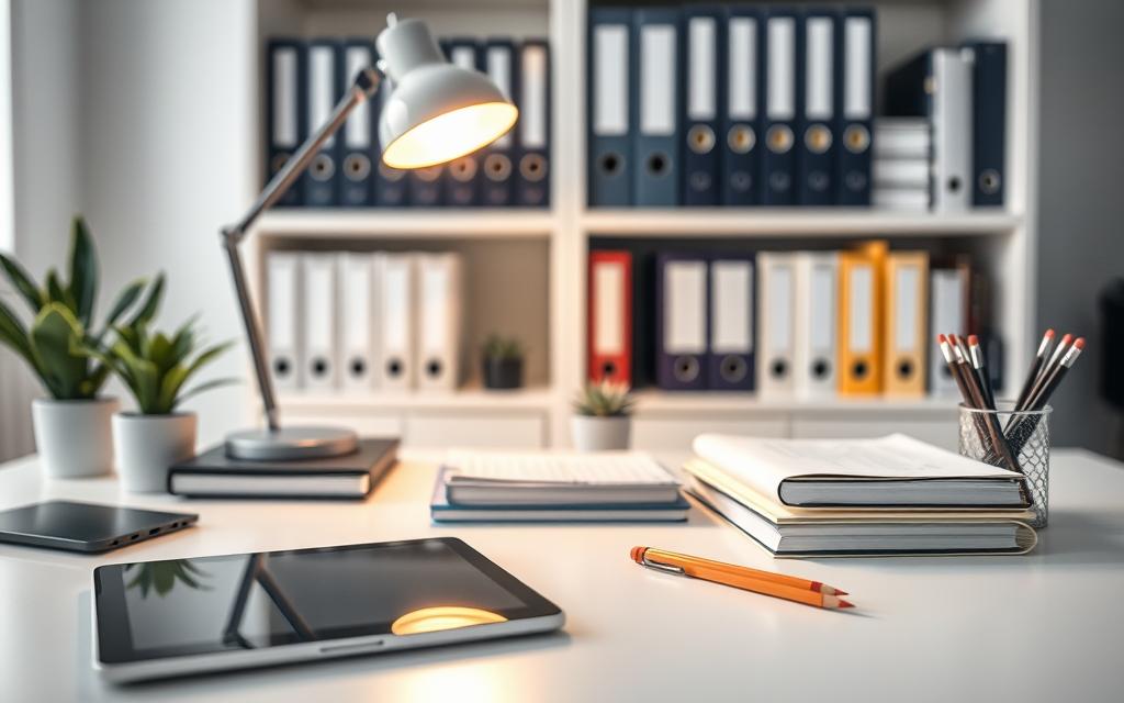 A neatly organized desk with a clean, minimalist aesthetic. The foreground features an array of office supplies - a sleek tablet, a tidy stack of notebooks, and carefully arranged pens and pencils. The middle ground showcases a modern desk lamp casting a warm, focused glow, complemented by a potted plant and a small succulent. In the background, shelves display a collection of well-organized folders and binders, creating a sense of order and productivity. The entire scene is bathed in soft, natural lighting, conveying a serene and focused atmosphere, perfect for developing organizational habits.