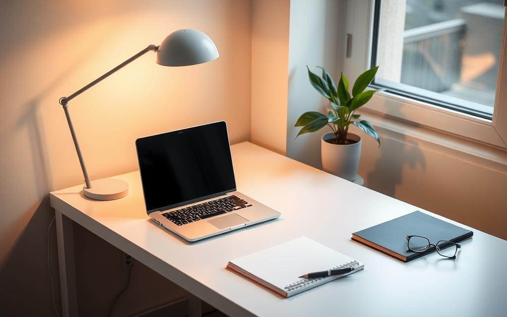 A neatly organized desk with a minimalist design, featuring a sleek laptop, a modern lamp, and a potted plant. The workspace is bathed in warm, natural lighting from a nearby window, creating a serene and productive atmosphere. The surface is clear of clutter, with only essential items such as a notebook, a pen, and a pair of reading glasses. The desk has a clean, uncluttered aesthetic, conveying a sense of focus and efficiency.