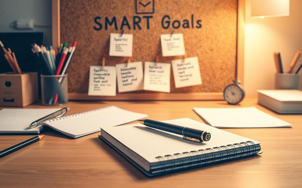 A neatly organized desk with a notebook, pen, and various office supplies. In the background, a corkboard displays a visual representation of SMART goals - Specific, Measurable, Achievable, Relevant, and Time-bound. Mini-objectives are depicted as sticky notes attached to the corkboard, each with a concise and actionable task. The lighting is warm and soft, creating a productive and focused atmosphere. The image is captured from a slightly elevated angle, giving a sense of clarity and organization to the scene.