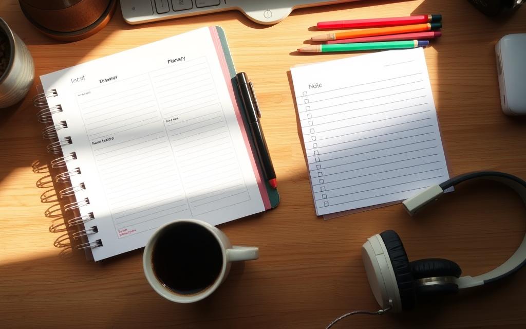 A neatly organized desk with an array of productivity tools - a planner, a to-do list, a set of colorful pens, a cup of coffee, and a pair of noise-cancelling headphones. The lighting is soft and natural, casting a warm glow on the workspace. The angle is slightly elevated, capturing the scene from an overhead perspective to emphasize the deliberate arrangement of the items. The overall mood is one of focused efficiency, conveying the idea of simple, yet effective, daily productivity hacks.