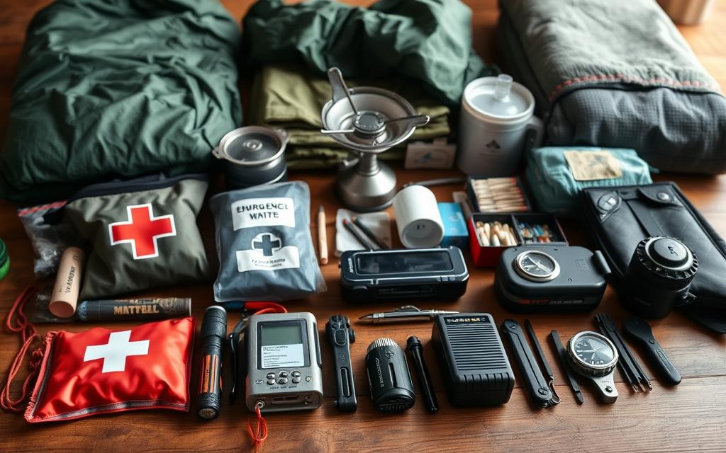 A neatly organized emergency kit, its contents arranged on a wooden surface. The foreground features a first-aid kit, a flashlight, a whistle, a multi-tool, and a radio, all positioned with precision. The middle ground showcases a sleeping bag, a portable stove, and a water purifier, while the background includes survival blankets, matches, and a compass. The scene is well-lit, with soft, natural lighting that accentuates the details of the items. The overall mood is one of preparedness and attention to detail, conveying the importance of having a well-stocked emergency kit at the ready.