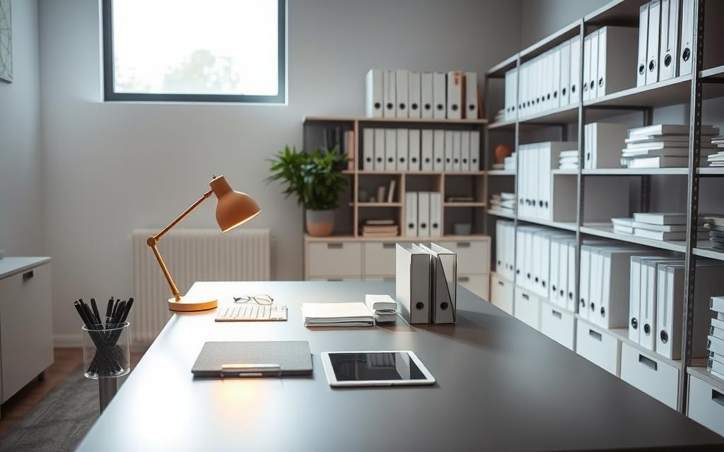 A neatly organized office workspace, with a sleek metal desk and a minimalist desktop organizer system. Shelves lining the walls hold various files and folders, meticulously labeled and arranged. Soft, diffused lighting from a large window illuminates the scene, creating a serene and productive atmosphere. A desk lamp casts a warm glow, complementing the neutral color palette. Carefully placed office supplies, such as pens, pencils, and a tablet, add functional elements to the composition. The overall impression is one of efficiency, clarity, and a sense of calm control over the work environment.
