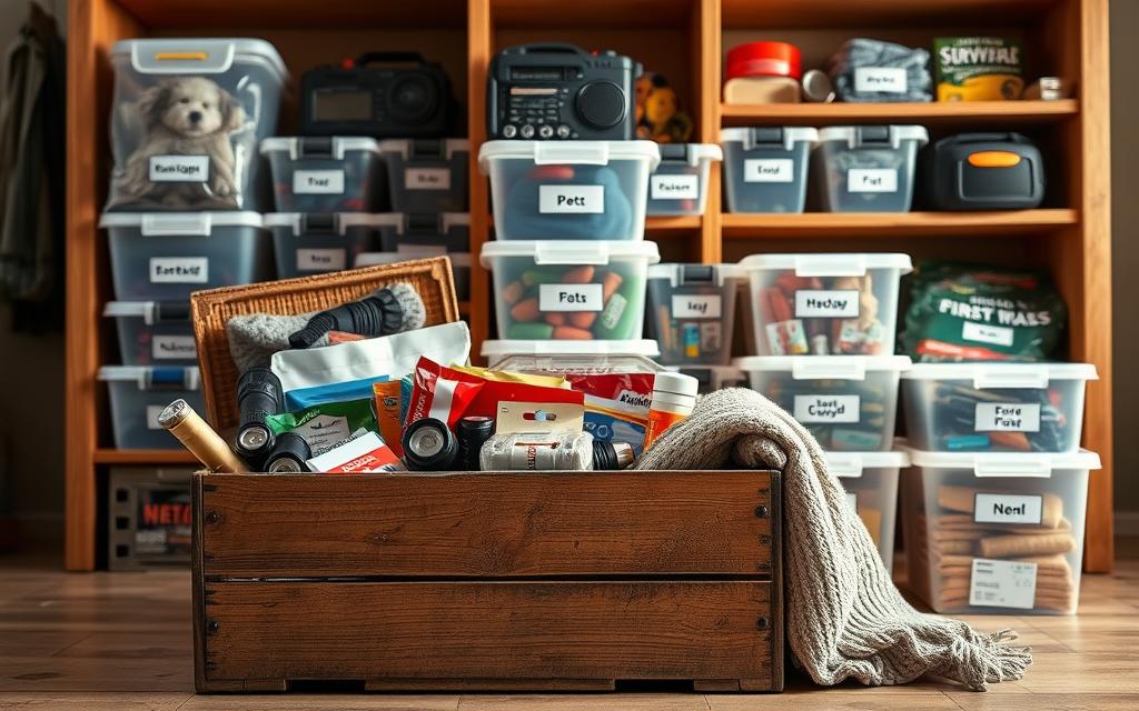 A neatly organized set of emergency supplies, thoughtfully curated for a family's needs. A weathered wooden crate in the foreground, filled with essential items - flashlights, batteries, first-aid kits, and a cozy blanket. Behind it, a middle ground showcasing a collection of labeled plastic bins containing specialized supplies for pets, medications, and personal hygiene. In the background, shelves hold additional preparedness gear, like a portable radio, survival tools, and emergency food rations. The lighting is warm and inviting, casting a gentle glow over the scene, conveying a sense of preparedness and security. A realistic, detailed image capturing the essence of a customized family emergency kit.