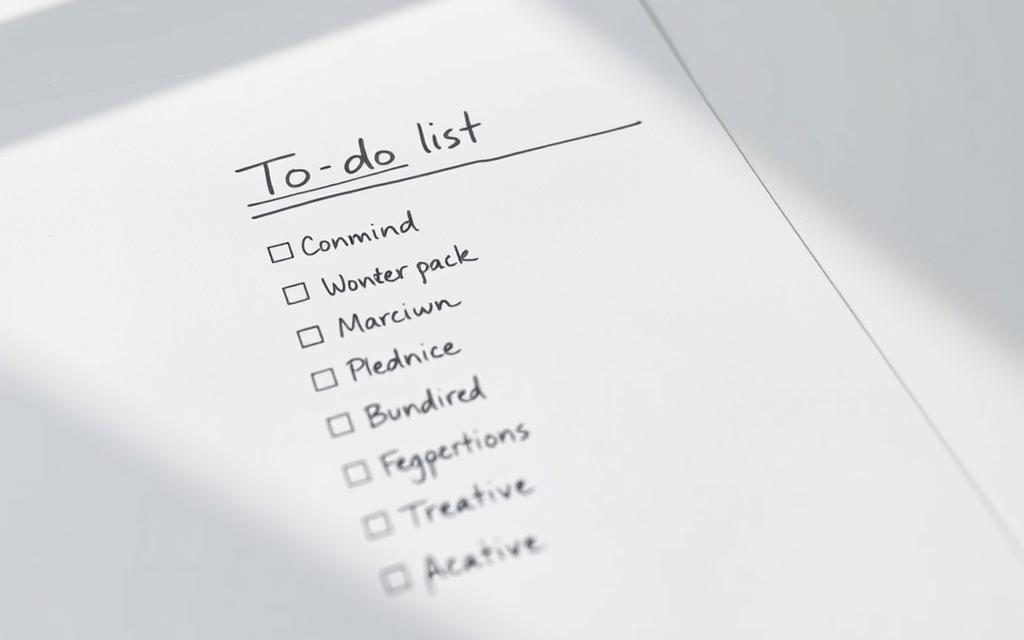 A neatly organized to-do list with prioritized tasks, handwritten in black ink on a crisp white paper. The list is laid out in a clean, minimalist style, with clear headings and well-spaced items. The lighting is soft and natural, casting gentle shadows to create depth and dimension. The camera is positioned slightly overhead, capturing the list in a carefully composed, high-resolution frame. The overall mood is one of focus, efficiency, and a sense of accomplishment as the tasks are methodically checked off.
