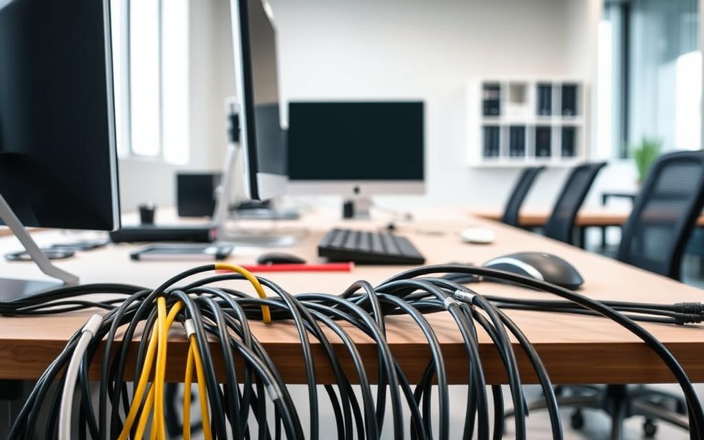 A neatly organized workspace, cable management solutions in the foreground - sleek cable trays, cord clips, and cable raceways artfully arrange a tangle of wires and cords. In the middle ground, a clean desktop with minimal clutter, a monitor, keyboard, and mouse all harmoniously connected. The background features a minimalist, well-lit office space, natural light filtering in, creating a sense of calm and efficiency. The overall scene conveys a professional, streamlined environment where technology seamlessly integrates with the workspace, promoting productivity and a clutter-free aesthetic.