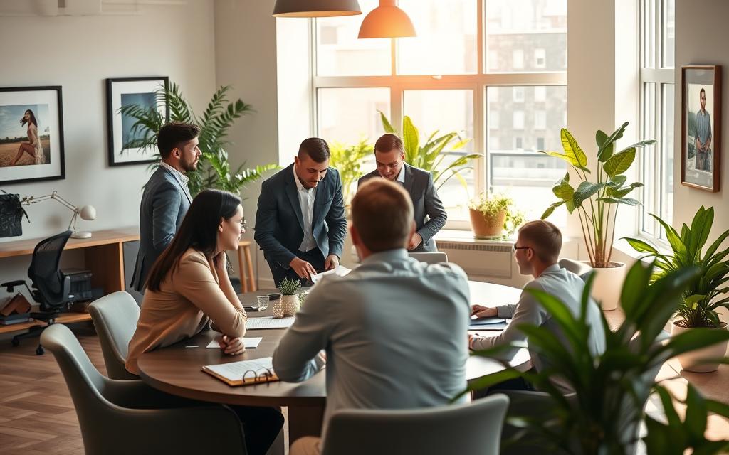 A peaceful, harmonious office setting. In the foreground, a diverse team of professionals collaborating around a stylish conference table, their body language conveying a sense of shared purpose and mutual respect. The middle ground features a spacious, sun-drenched room with tasteful decor and modern furnishings, creating an atmosphere of productivity and well-being. In the background, verdant potted plants and framed artwork on the walls suggest a balance between work and personal wellness. Soft, natural lighting filters in through large windows, casting a warm, contemplative glow over the scene. The overall impression is one of an empowered, balanced work environment that fosters innovation and employee fulfillment.