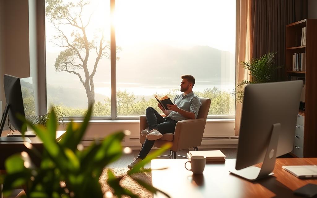 A peaceful, serene office setting with a desk, computer, and potted plant in the foreground. In the middle ground, a person sitting in a comfortable chair, deep in thought, balancing a book and a cup of coffee. The background features a large window overlooking a tranquil natural landscape, with sunlight streaming in and casting a warm glow throughout the scene. The overall atmosphere conveys a sense of harmony and balance between work and personal well-being.