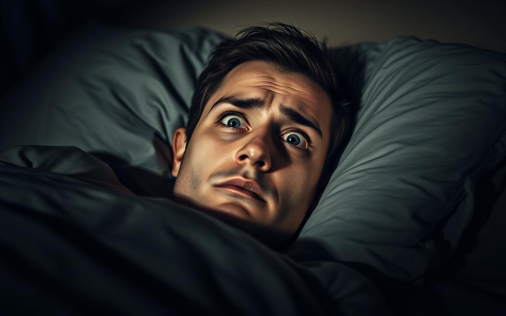 A person lying in bed, eyes wide open, expression of exhaustion and distress. Their face is pale, with dark circles under the eyes, suggesting lack of sleep. The room is dimly lit, with shadows casting a gloomy atmosphere. The bedsheets are rumpled, and the person's posture conveys a sense of restlessness. The background is blurred, but suggests a simple, minimalist bedroom setting. The lighting is soft and warm, creating a sense of intimacy and vulnerability. The overall mood is one of fatigue, discomfort, and the struggle to find rest. A person lying in bed, eyes wide open, expression of exhaustion and distress. Their face is pale, with dark circles under the eyes, suggesting lack of sleep. The room is dimly lit, with shadows casting a gloomy atmosphere. The bedsheets are rumpled, and the person's posture conveys a sense of restlessness. The background is blurred, but suggests a simple, minimalist bedroom setting. The lighting is soft and warm, creating a sense of intimacy and vulnerability. The overall mood is one of fatigue, discomfort, and the struggle to find rest.