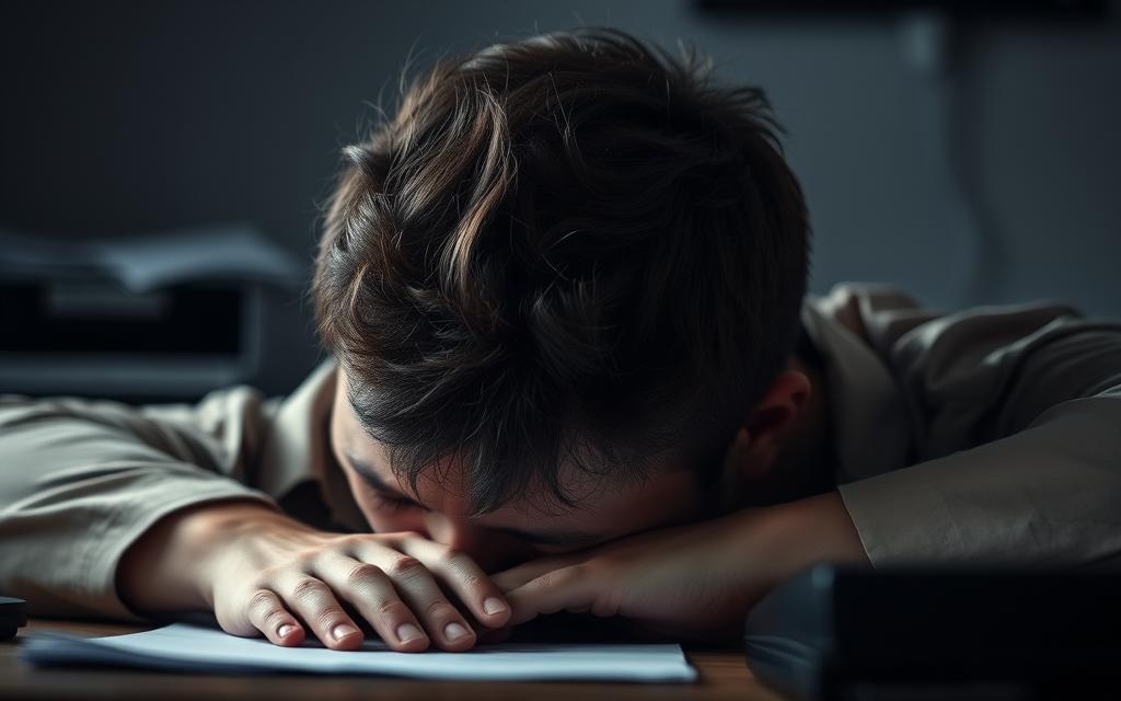 A person's head resting on a desk, eyes closed, exhausted from lack of sleep. The lighting is soft and muted, creating a somber, introspective atmosphere. The person's facial features are detailed, conveying the heavy fatigue and diminished response time caused by sleep deprivation. The background is blurred, with subtle hints of a cluttered desk or office setting, emphasizing the individual's state of mind. The overall composition suggests the profound impact of sleep loss on cognitive function and performance. A person's head resting on a desk, eyes closed, exhausted from lack of sleep. The lighting is soft and muted, creating a somber, introspective atmosphere. The person's facial features are detailed, conveying the heavy fatigue and diminished response time caused by sleep deprivation. The background is blurred, with subtle hints of a cluttered desk or office setting, emphasizing the individual's state of mind. The overall composition suggests the profound impact of sleep loss on cognitive function and performance.