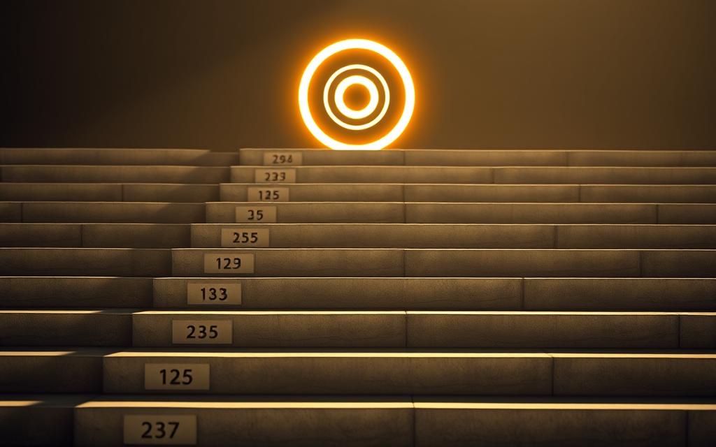A photograph of a neatly organized series of steps leading towards a glowing, ethereal goal. The foreground features a set of sharply defined, solid steps carved from natural stone, each with a simple, minimalist number etched into its surface. The middle ground showcases a subtle, misty path winding between the steps, guiding the viewer's eye towards the background. There, a shimmering, translucent target emerges, radiating a warm, inviting light. The scene is bathed in a soft, directional lighting that casts long, dramatic shadows, creating a sense of depth and focus. The overall tone is one of clarity, progression, and the attainment of ambitious objectives.