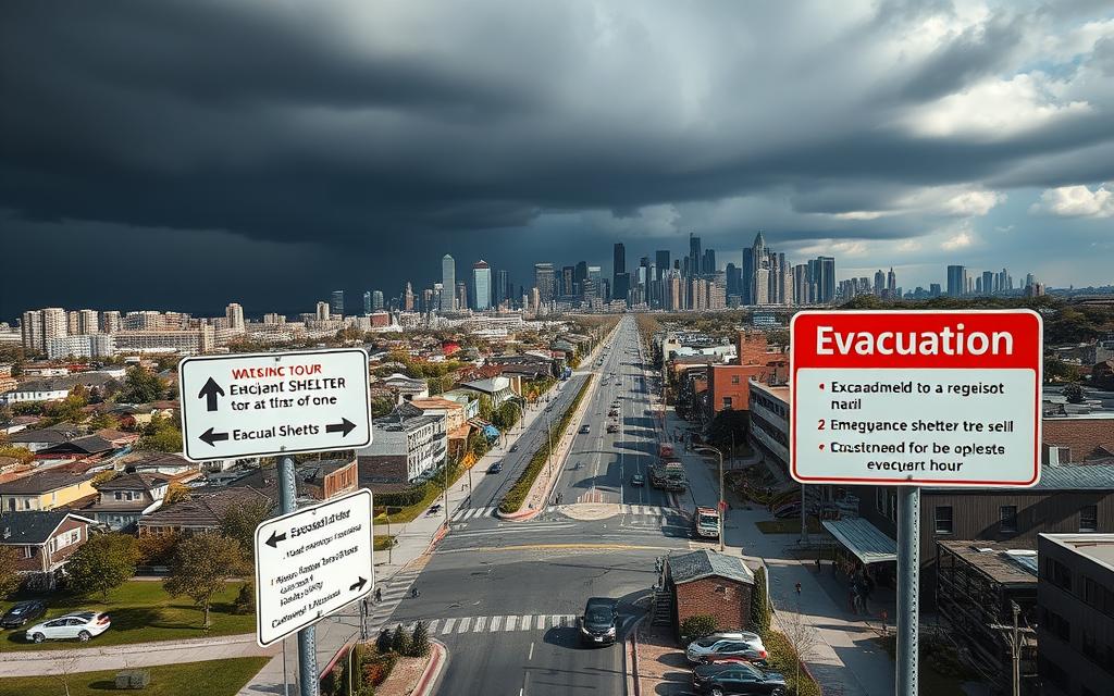 A photographic, realistic image of an urban landscape with clearly marked evacuation routes and designated shelter locations. The foreground features signage and directional markers guiding people to nearby emergency shelters, with wide streets and sidewalks to facilitate efficient evacuation. The middle ground depicts residential and commercial buildings, with emergency vehicles and personnel assisting in the evacuation process. The background showcases the city skyline, with an ominous cloud cover hinting at the impending disaster. The lighting is dramatic, casting long shadows and highlighting the urgency of the situation. The camera angle is slightly elevated, providing a comprehensive view of the scene and emphasizing the scale of the emergency response.