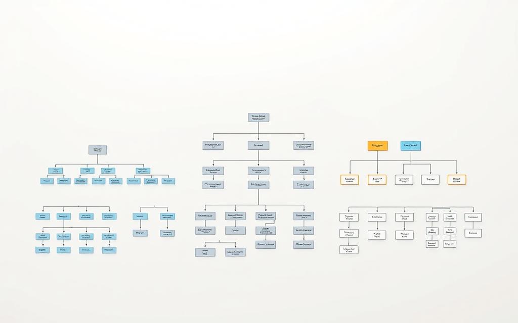 A photorealistic, high-resolution image of a visual comparison of various organizational structures, depicting them in a clear and intuitive manner. The foreground showcases a range of organizational models, such as hierarchical, matrix, and flat structures, each represented by distinct geometric shapes and connectors. The middle ground provides a neutral, clean background that allows the structures to be the focal point. The lighting is soft and evenly distributed, creating a sense of depth and clarity. The angle is slightly angled, providing a dynamic and engaging perspective for the viewer. The overall mood is professional, informative, and visually striking, effectively illustrating the diverse approaches to project organization.