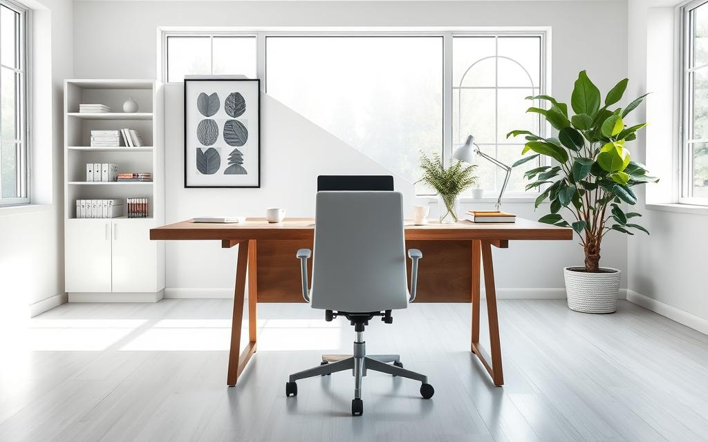 A pristine, well-organized home office layout showcasing a clean, minimalist aesthetic. A large wooden desk with a sleek laptop, a modern ergonomic chair, and a tasteful desk lamp provide the foreground focus. Framed artwork and a lush indoor plant add visual interest to the middle ground. The background features a bright, airy room with large windows allowing natural light to flow in, creating a serene and productive atmosphere. The overall layout is balanced, visually appealing, and designed to enhance focus and efficiency.