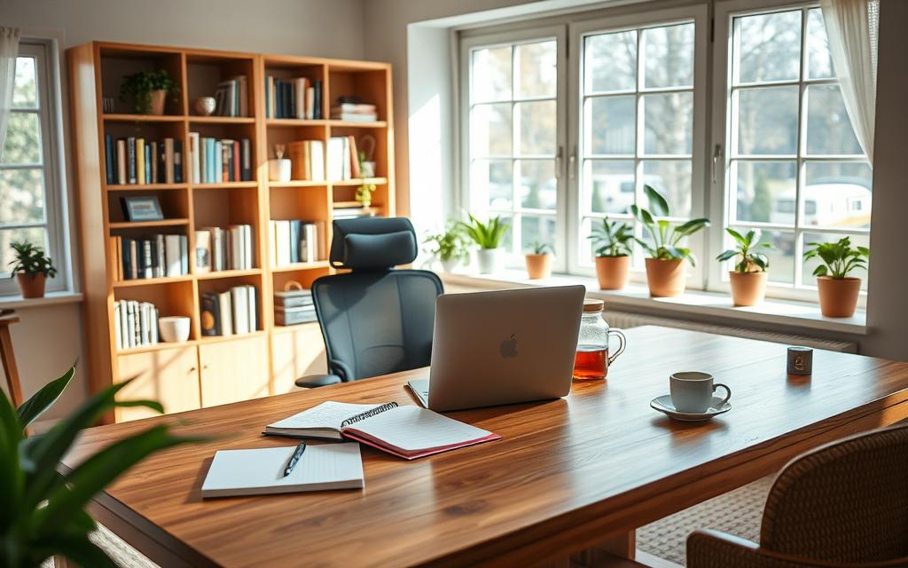 A productive, well-organized home office with a large wooden desk, ergonomic chair, and modern laptop computer. Soft, natural lighting filters in through large windows, creating a calming atmosphere. On the desk, a planner, to-do list, and a cup of warm tea symbolize time management and stress reduction. Bookshelves in the background hold neatly arranged volumes, reflecting an orderly mindset. Potted plants on the windowsill add a refreshing touch, complementing the overall serene and productive environment.