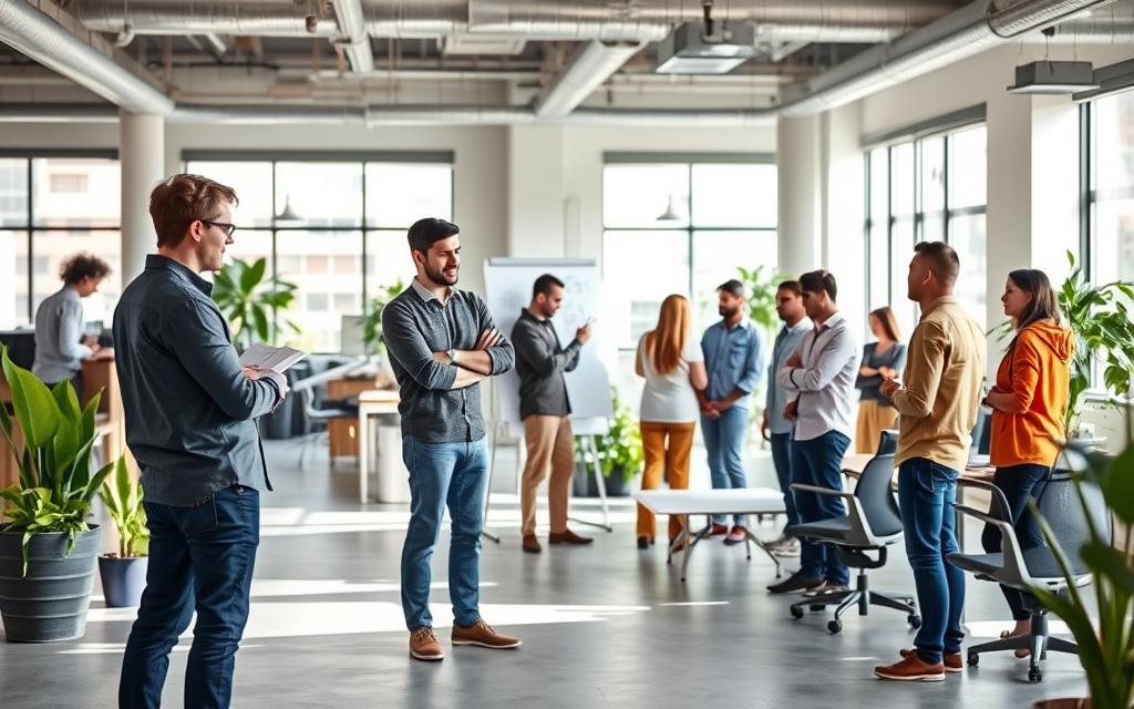 A professional office setting, with a group of employees from different departments engaged in a collaborative shadowing session. The foreground features two colleagues, one from marketing and one from finance, discussing strategies and exchanging insights as they observe each other's workflows. In the middle ground, a team of engineers and designers huddled around a whiteboard, sketching ideas and brainstorming. The background showcases an open, well-lit workspace with ergonomic furniture, potted plants, and natural light streaming through large windows, creating a dynamic and productive atmosphere. The scene conveys the benefits of cross-department collaboration, knowledge sharing, and professional development through mentorship and shadowing. A professional office setting, with a group of employees from different departments engaged in a collaborative shadowing session. The foreground features two colleagues, one from marketing and one from finance, discussing strategies and exchanging insights as they observe each other's workflows. In the middle ground, a team of engineers and designers huddled around a whiteboard, sketching ideas and brainstorming. The background showcases an open, well-lit workspace with ergonomic furniture, potted plants, and natural light streaming through large windows, creating a dynamic and productive atmosphere. The scene conveys the benefits of cross-department collaboration, knowledge sharing, and professional development through mentorship and shadowing.