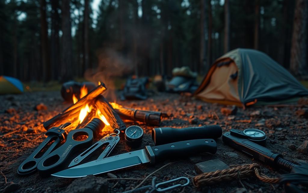 A rugged outdoor campsite at dusk, illuminated by a warm campfire. In the foreground, an assortment of expertly-chosen survival gear lays neatly arranged - a sturdy fixed-blade knife, a water filtration system, a weatherproof fire starter, a high-powered flashlight, a compass, and a multi-tool. In the middle ground, a backpack and sleeping bag sit ready for adventure. The background features a dense forest with towering pines, casting long shadows across the scene. The lighting is natural and cinematic, with a moody, adventurous atmosphere.