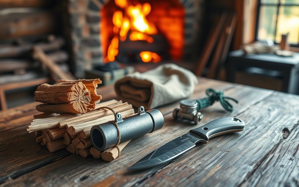 A rugged, weathered wooden table in a cozy cabin setting, showcasing an assortment of essential fire-starting and shelter-building gear. In the foreground, a stack of dry kindling, a flint and steel set, and a survival knife gleam under warm, natural lighting. In the middle ground, a canvas tarp and paracord are neatly folded, ready for quick deployment. The background features a crackling fireplace, casting a soft, flickering glow across the scene, hinting at the comforting warmth and security that this survival gear can provide in the great outdoors.