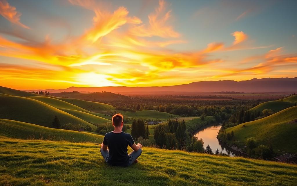 A serene and tranquil landscape with rolling hills, a winding river, and a vibrant sky at sunset. In the foreground, a person sits cross-legged on the grass, deep in thought, contemplating their goals and strategies. The middle ground features a lush forest, with trees swaying gently in the breeze. In the background, a majestic mountain range rises, bathed in warm, golden light. The scene exudes a sense of balance, adaptability, and introspection, reflecting the process of developing flexible and adaptive goal-setting.