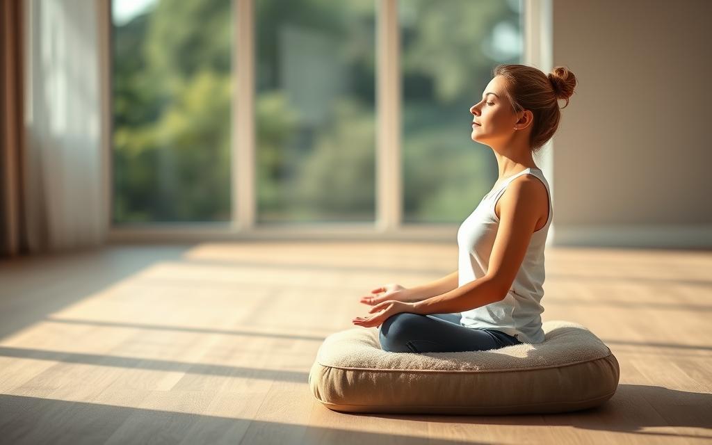 A serene and tranquil scene of a person sitting in a lotus position on a plush meditation cushion, eyes closed, hands resting gently on their lap. The background is a softly blurred, minimalist space with muted tones, creating a calming atmosphere. Natural light filters in from a large window, casting a warm, diffused glow on the meditator. The image has a sense of focus, stillness, and mindfulness, capturing the essence of the practice. A serene and tranquil scene of a person sitting in a lotus position on a plush meditation cushion, eyes closed, hands resting gently on their lap. The background is a softly blurred, minimalist space with muted tones, creating a calming atmosphere. Natural light filters in from a large window, casting a warm, diffused glow on the meditator. The image has a sense of focus, stillness, and mindfulness, capturing the essence of the practice.