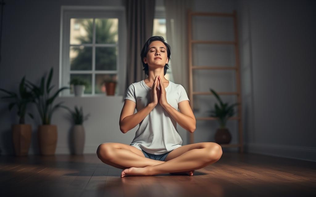 A serene, dimly lit studio setting with a person sitting cross-legged on a wooden floor, practicing deep breathing exercises. Soft, natural lighting from a window illuminates their face, highlighting a peaceful expression. In the background, potted plants and minimal decor create a calming, uncluttered atmosphere. The scene conveys a sense of mindfulness and stress relief, with a focus on the subject's breathing and posture.