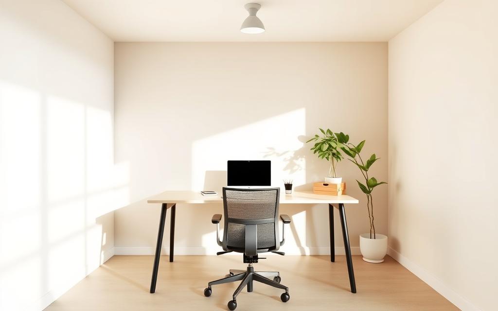A serene, distraction-free workspace bathed in soft, natural light. A sleek, minimalist desk with a clean, uncluttered surface, accompanied by an ergonomic chair and a potted plant, all set against a backdrop of neutral-toned walls. The space exudes a sense of focus and tranquility, with no visible electronics or distractions to interrupt the flow of productivity. Carefully positioned lighting, both from overhead and natural sources, creates a warm, inviting ambiance. The overall atmosphere encourages deep concentration and fosters a sense of effortless efficiency.