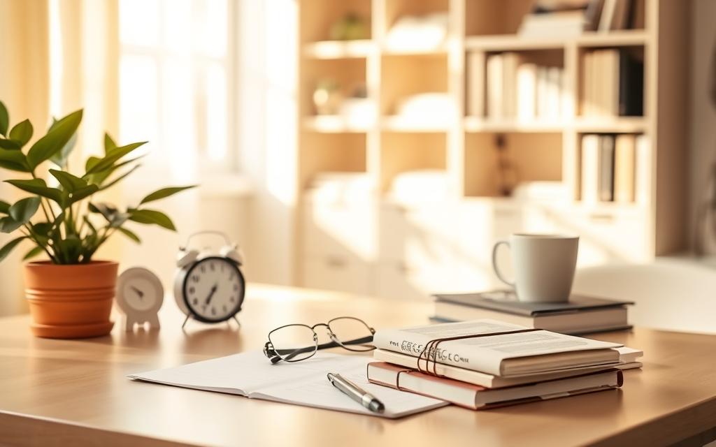 A serene home office with a minimalist desk, a potted plant, and a timer. Warm, natural lighting floods the space, creating a calming atmosphere. On the desk, a stack of books, a pair of reading glasses, and a notebook with a pen resting on it, all neatly arranged. The background features a cozy, neutral-toned bookshelf, creating a sense of focus and productivity. The overall scene conveys a balanced, distraction-free environment, ideal for cultivating concentration and improving productivity. A serene home office with a minimalist desk, a potted plant, and a timer. Warm, natural lighting floods the space, creating a calming atmosphere. On the desk, a stack of books, a pair of reading glasses, and a notebook with a pen resting on it, all neatly arranged. The background features a cozy, neutral-toned bookshelf, creating a sense of focus and productivity. The overall scene conveys a balanced, distraction-free environment, ideal for cultivating concentration and improving productivity.