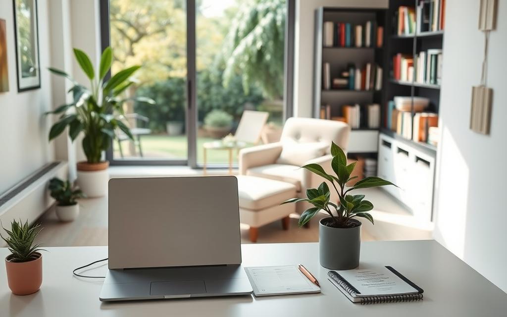 A serene, minimalist office setting filled with productive habits. In the foreground, a meticulous desk with a sleek laptop, a well-organized planner, and a potted plant exuding vitality. The middle ground showcases a comfortable armchair and a bookshelf brimming with self-improvement titles, radiating a sense of focus and growth. The background features a large window overlooking a tranquil garden, bathed in soft, natural lighting that infuses the scene with a calming ambiance. The overall atmosphere conveys a harmonious blend of efficiency, mindfulness, and a nurturing environment conducive to a productive mindset.