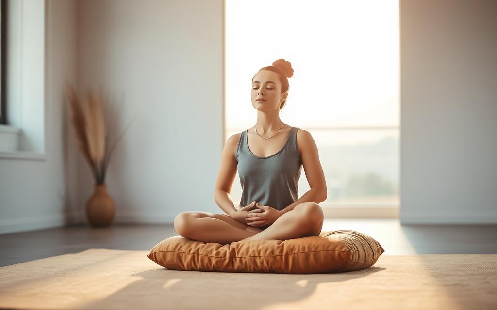 A serene, minimalist scene depicting the practice of mindfulness techniques for mental clarity. In the foreground, a person sits cross-legged on a plush, earthy-toned meditation cushion, eyes gently closed, hands resting on their lap in a state of deep focus. Soft, diffused natural light filters in from the left, casting a warm, contemplative glow on the figure. The middle ground features a simple, Zen-inspired interior with clean lines and muted colors, drawing the viewer's attention to the central act of meditation. The background fades into a tranquil, out-of-focus landscape, hinting at the connection between inner and outer peace. The overall mood is one of tranquility, mindfulness, and mental clarity. A serene, minimalist scene depicting the practice of mindfulness techniques for mental clarity. In the foreground, a person sits cross-legged on a plush, earthy-toned meditation cushion, eyes gently closed, hands resting on their lap in a state of deep focus. Soft, diffused natural light filters in from the left, casting a warm, contemplative glow on the figure. The middle ground features a simple, Zen-inspired interior with clean lines and muted colors, drawing the viewer's attention to the central act of meditation. The background fades into a tranquil, out-of-focus landscape, hinting at the connection between inner and outer peace. The overall mood is one of tranquility, mindfulness, and mental clarity.