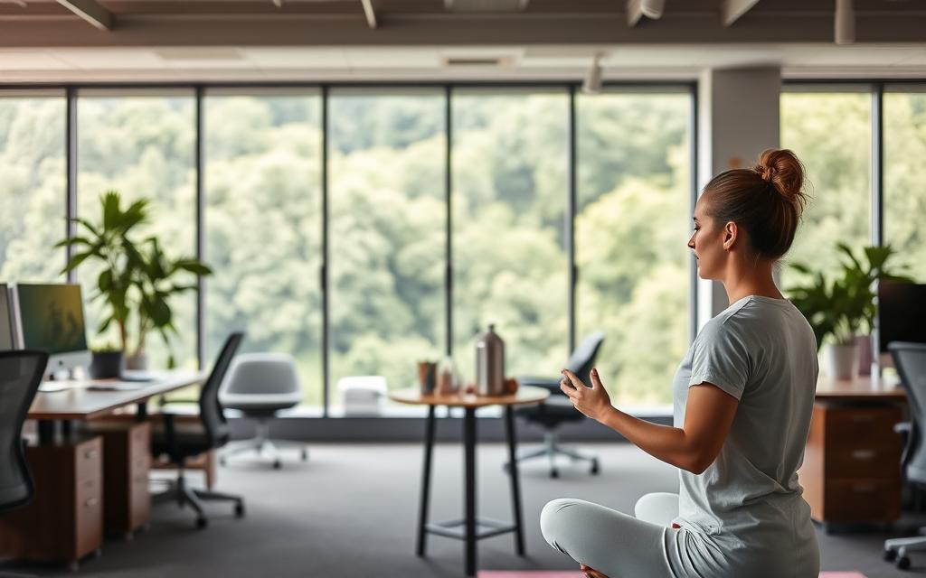 A serene office setting with an open-concept workspace. In the foreground, a person practices yoga or meditation, finding moments of calm amidst the workday. The middle ground features a small table with healthy snacks and a water dispenser, encouraging employee self-care. The background showcases a panoramic view of a lush, verdant outdoor scene through large windows, blending nature and the built environment. Soft, diffused lighting creates a warm, inviting atmosphere. The overall composition conveys a harmonious balance between professional obligations and personal well-being.