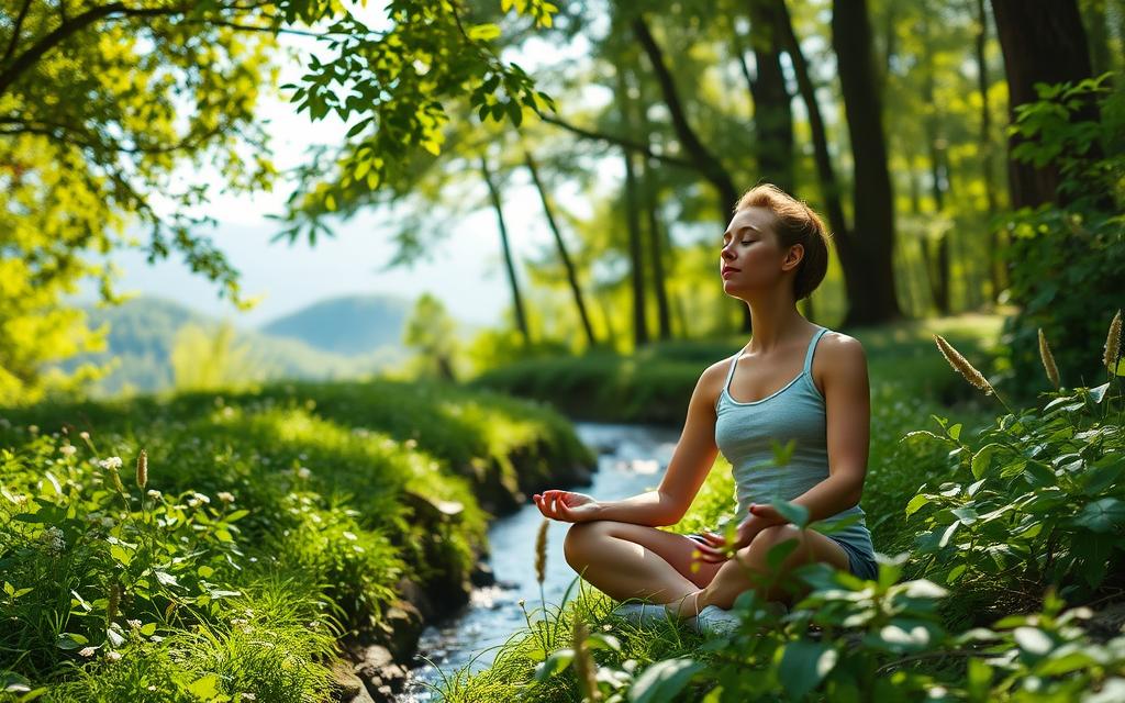 A serene, sun-dappled forest glade, the soft light filtering through verdant canopy. In the foreground, a person sits cross-legged in a meditative pose, eyes closed, their expression one of tranquil focus. Surrounding them, a lush array of vibrant green foliage, with delicate flowers blooming in the undergrowth. In the middle ground, a small stream flows gently, its calming sounds complementing the peaceful atmosphere. The background reveals distant hills, hazy and dreamlike, conveying a sense of timelessness and natural harmony. The scene evokes a feeling of mental clarity, vitality, and the restorative power of immersion in the natural world. A serene, sun-dappled forest glade, the soft light filtering through verdant canopy. In the foreground, a person sits cross-legged in a meditative pose, eyes closed, their expression one of tranquil focus. Surrounding them, a lush array of vibrant green foliage, with delicate flowers blooming in the undergrowth. In the middle ground, a small stream flows gently, its calming sounds complementing the peaceful atmosphere. The background reveals distant hills, hazy and dreamlike, conveying a sense of timelessness and natural harmony. The scene evokes a feeling of mental clarity, vitality, and the restorative power of immersion in the natural world.