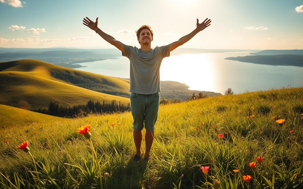 A serene, sun-dappled meadow, with lush green grass and vibrant wildflowers. In the foreground, a person stands tall, arms outstretched, basking in the warm glow of the sun, their face radiating a sense of inner peace and contentment. Behind them, a gently rolling hill leads the eye to a distant, picturesque horizon, where a shimmering lake reflects the tranquil sky above. The scene conveys a powerful sense of accomplishment, triumph, and the realization of one's aspirations, all captured in a beautifully lit, photorealistic style.