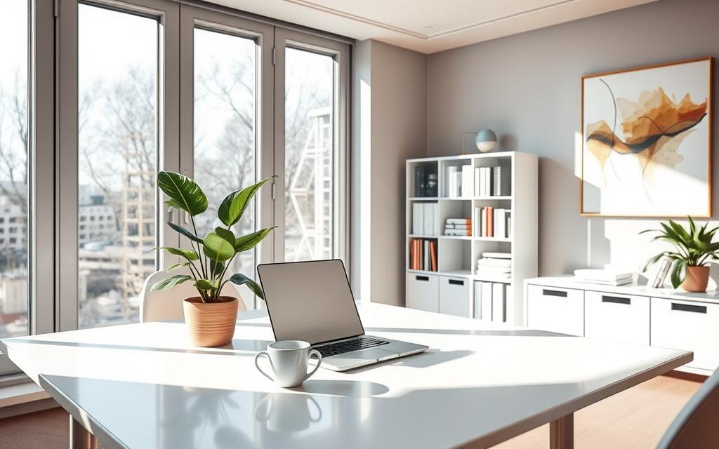 A serene, well-lit office space, with natural light streaming through large windows. A sleek, minimalist desk with a laptop, a cup of coffee, and a potted plant. The atmosphere is calm and conducive to productivity, with a sense of order and organization. In the background, a bookshelf filled with neatly arranged volumes, and a piece of abstract art on the wall, adding a touch of sophistication. The overall scene conveys a balance between focused work and personal well-being, reflecting the importance of effective time management for success.