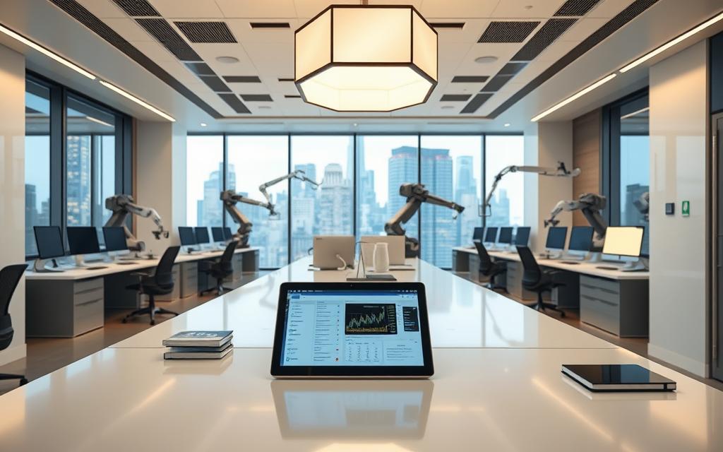 A sleek, streamlined office space with seamless workflows and automated systems. In the foreground, a modern desk with minimal clutter and a tablet displaying interactive task management software. Overhead, a clean geometric lighting fixture casts a warm glow, accentuating the polished surfaces. In the middle ground, automated devices and robotic arms effortlessly move files and data between workstations. The background features large windows overlooking a vibrant cityscape, blending the digital and physical worlds. The overall atmosphere conveys efficiency, organization, and the harmonious integration of technology into daily operations.