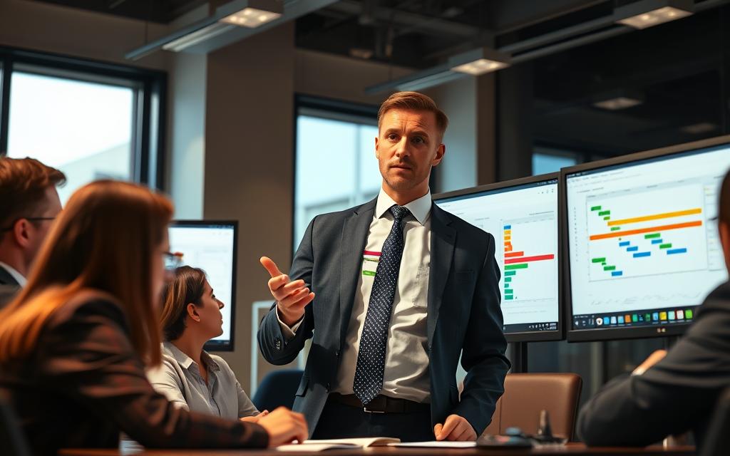 A smartly dressed business executive in a well-lit office, surrounded by a team of professionals intently engaged in discussion. Colorful Gantt charts and task management software displayed on their screens, illustrating the process of delegating responsibilities. The executive gestures with confident authority, guiding the team's efforts as they collaborate on optimizing workflows. Subtle warm lighting casts a professional glow, creating a mood of productive focus. Captured from a low angle to emphasize the strategic leadership, this realistic image conveys the essence of effective task delegation.